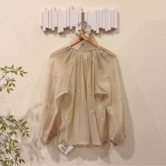 J.ING Sheer Cream Button Down Long Sleeve Embroidery Blouse Shirt Top Size M NWT - Picture 7 of 11